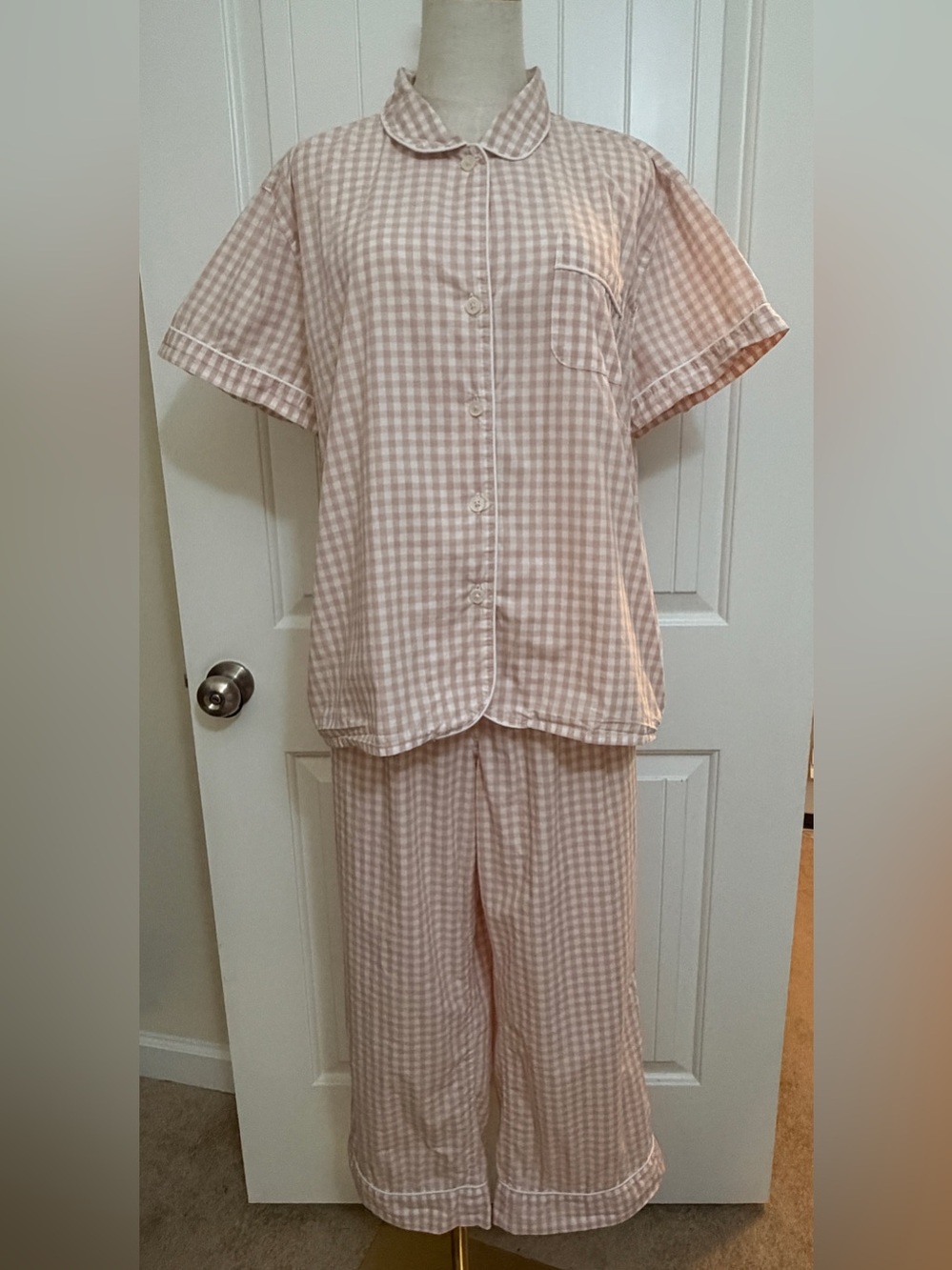 J. Crew Pink Gingham Kids Pajama Set - Short Sleeve Button Top & Pants